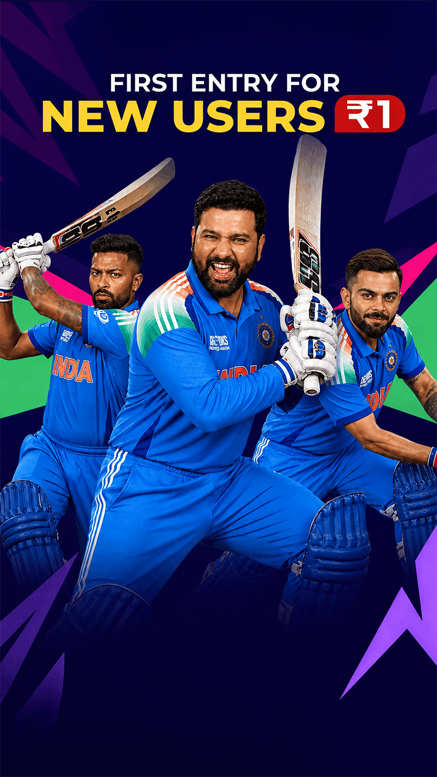 Hero11 cricket poster with three India players. The poster says first entry for new users is ₹1.